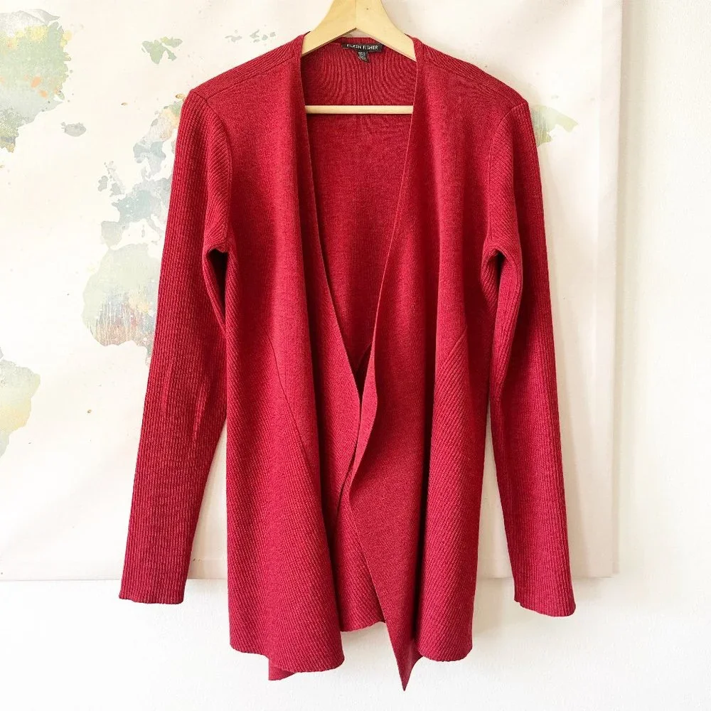 Eileen Fisher Sweater Size Medium Cardigan Red Wool Open Front Ribbed Draped - Picture 1 of 10